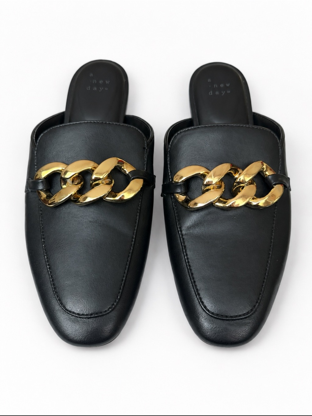 a new day Black Leather Slip-On Mules with Gold Chain